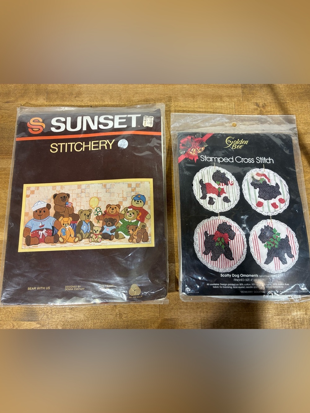 Vintage Cross Stitch Kit Lot 2 Sunset Bear With Us Golden Bee Scotty Dogs